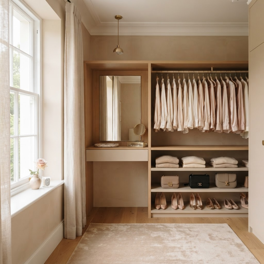 A calm, minimalist closet styled in warm beige and blush tones