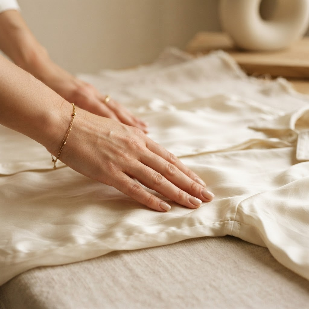 Hands smoothing a silk blouse before drying